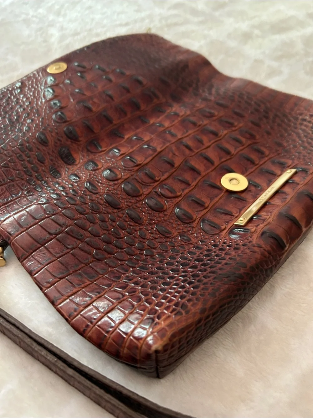 Brahmin Brown Croc-Embossed Leather Foldover Wristlet Clutch with Gold Hardware